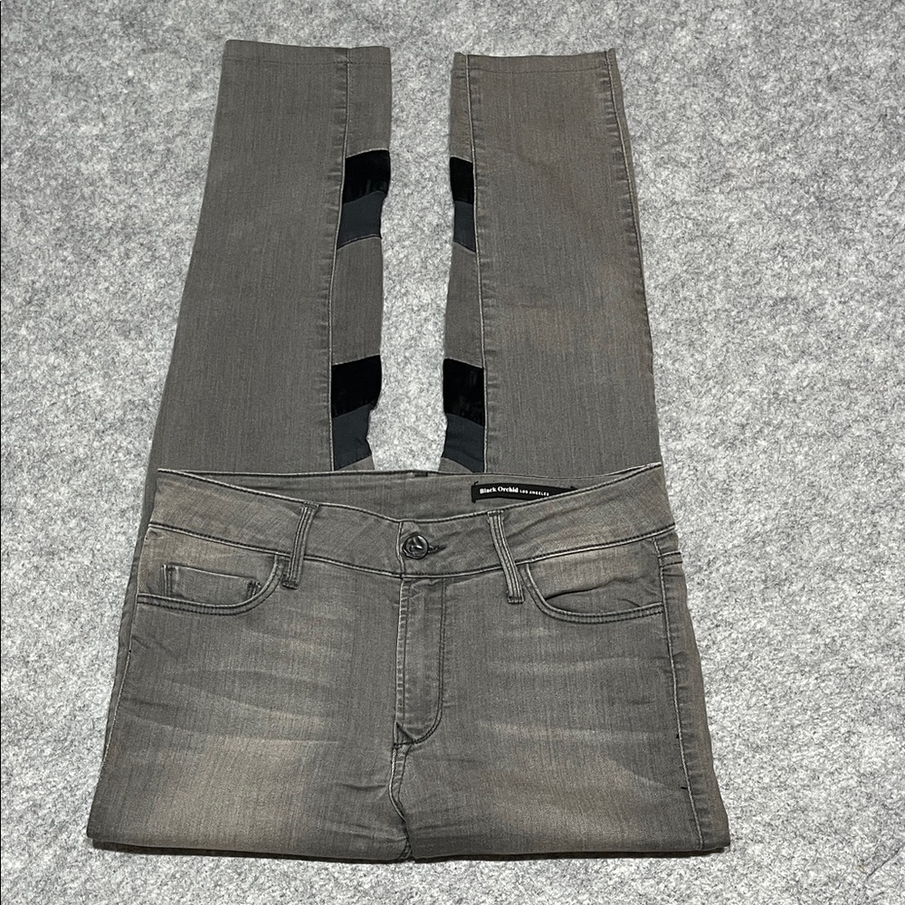 Black Orchid Women’s Gray Skinny Jeans with Black Velvet Side Panels